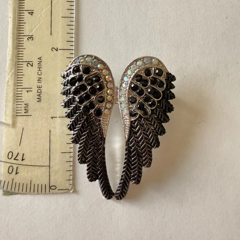 Silver Tone‎ Angel Wing Brooch Black Rhinestone AB Crystal Fashion Pin